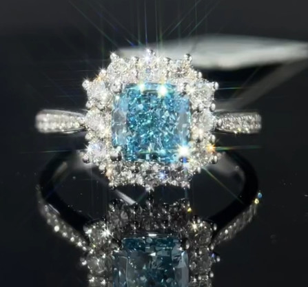 Blue Lab Grown Diamond Rings 1.29ct Cushion Cut Synthetic Diamond Gift Ring For Women