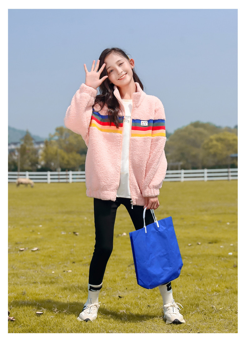 Girls Lamb Wool Coat Thickened Stitching Color Striped