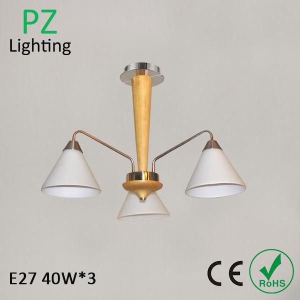 Household 3 arms mini wood pendant lamp glass shade chrome lighting CE/ROHS made