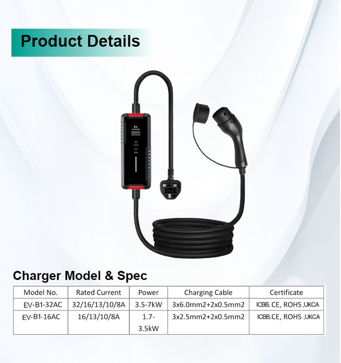 EVCOME Portable Ev Charger (220V 8A 10A 13A 16A) 5M Or Customized Cable With SAE J1772 IEC 62196 GBT