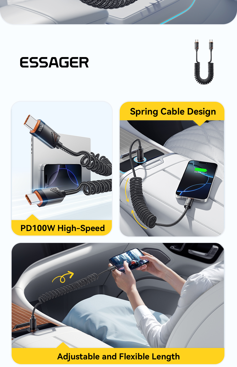 ESSAGER ES-X66 60W 100W Spring Style USB C to USB C Cable USB C PD