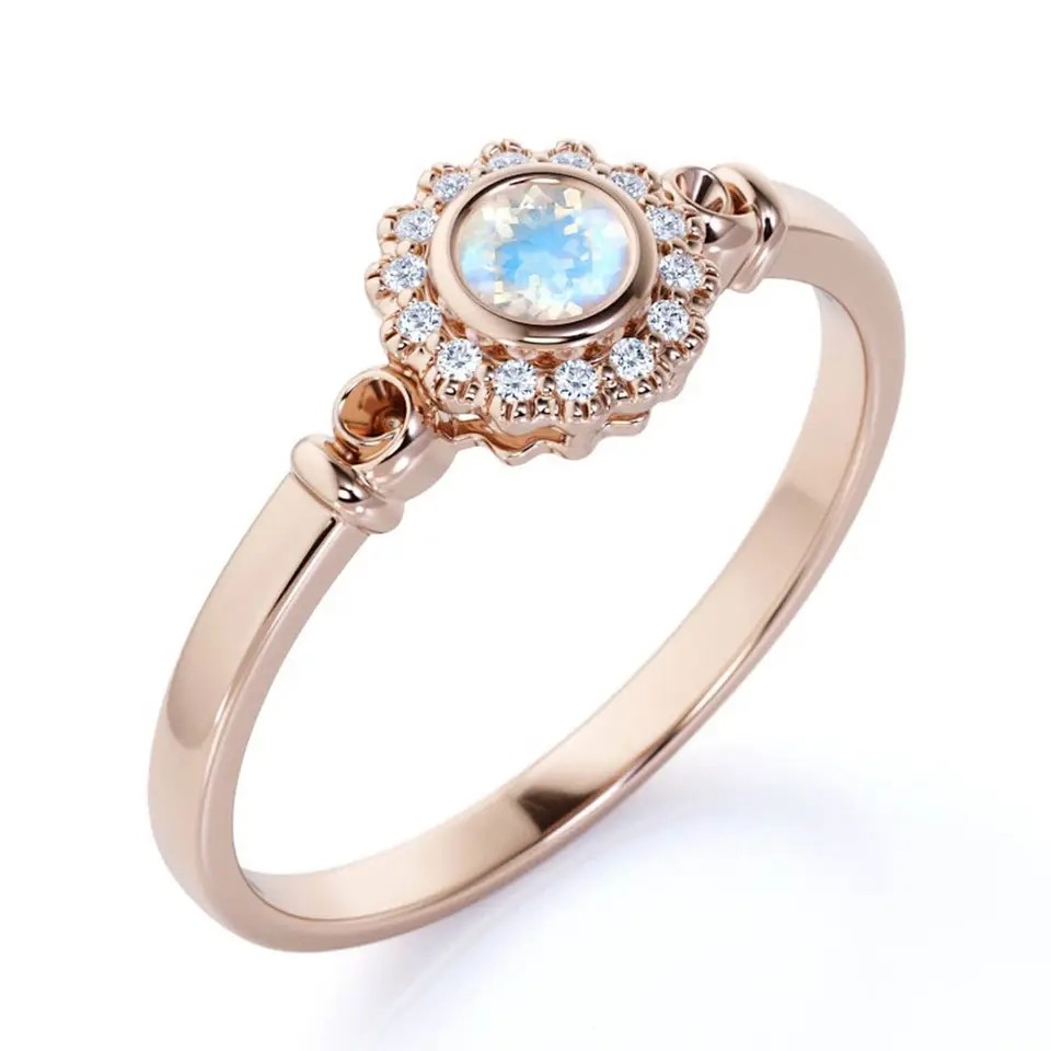 925 Sterling Silver Rose gold 1 Carat Flower Halo Ring Rainbow Moonstone Ring