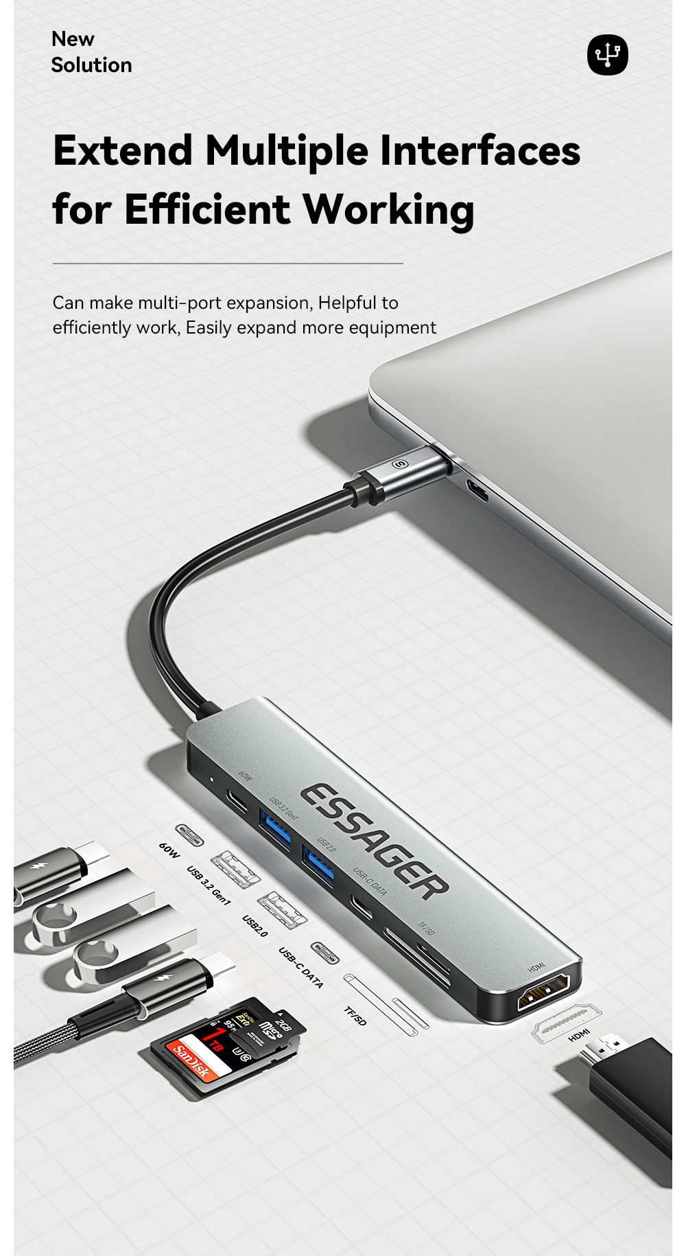 7 In 1 USB C HUB Multifunction Ports Fast Transmission 60W 4K 30Hz