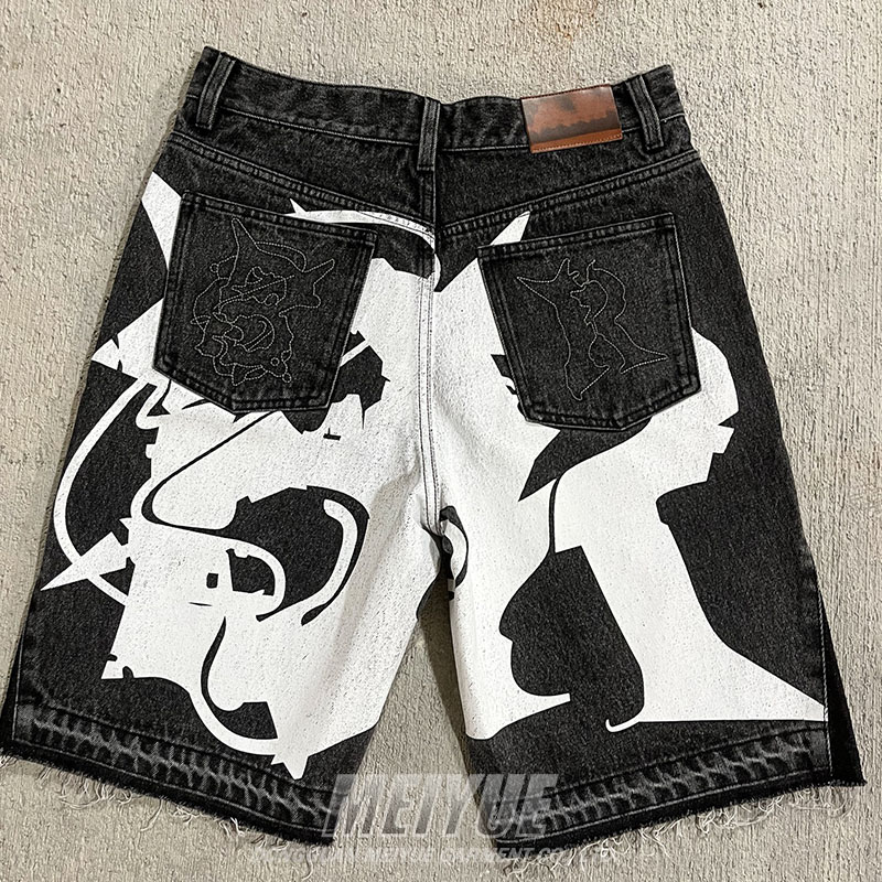 Custom Applique Embroidery Mens Raw Hem Denim Shorts Baggy Denim Shorts Antistatic