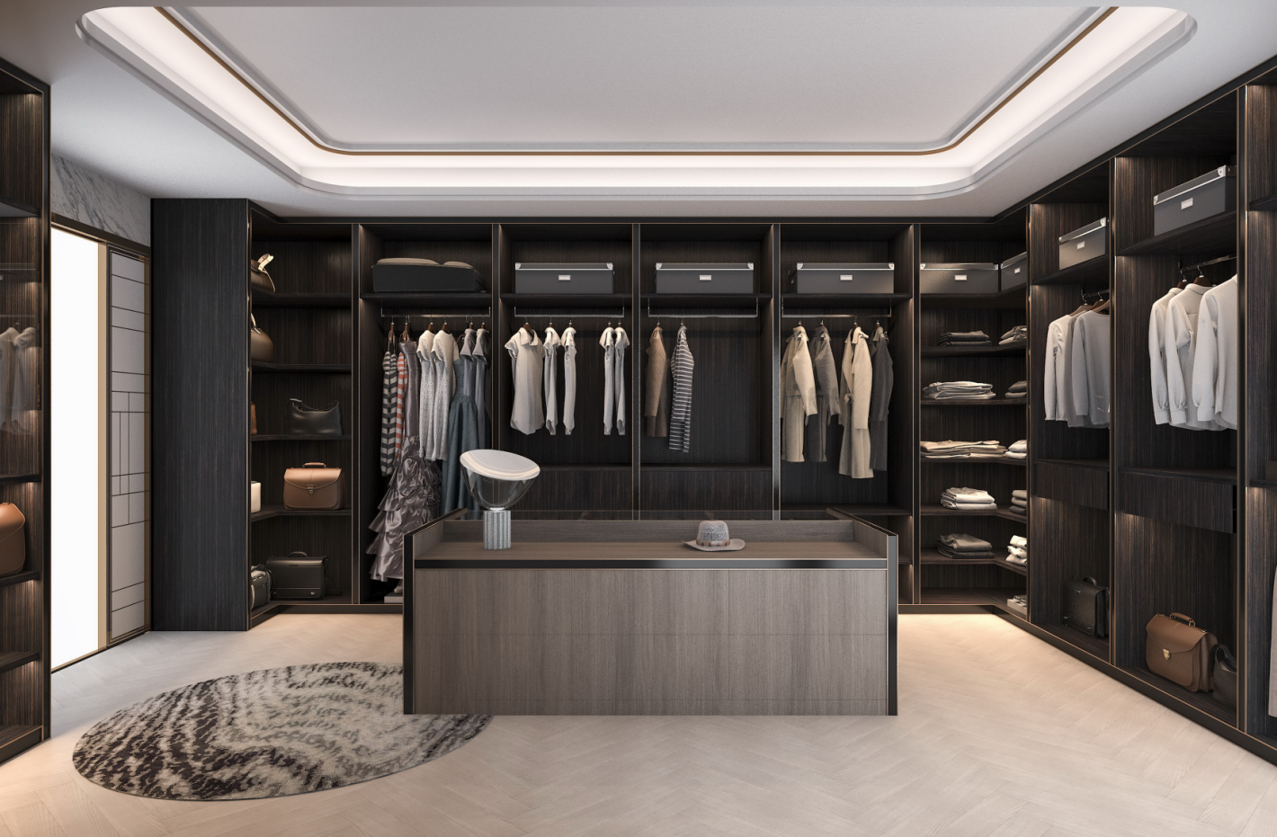 Contemporary Design Style Luxury Gray U Shaped MDF Walk in Closet Wardrobes NO Folded