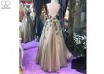 Sleeveless Backless Ball Gown , Champagne Tulle Prom Dress Embroidery Flowers