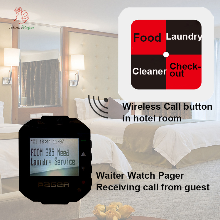 Customize alphanumeric wireless wrist watch and button pager system emergency call with vibration or buzzer