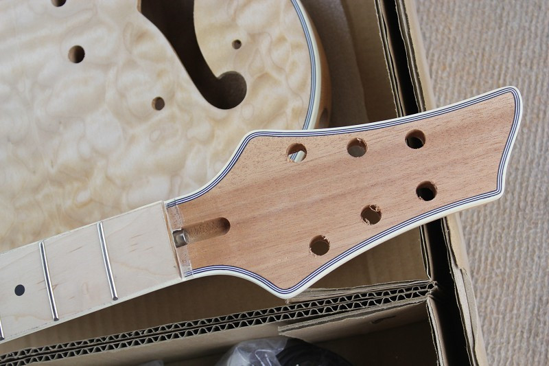 Custom Semi-hollow Electric Guitar Kit(Parts) with Mahogany Body ans Neck,Flame Maple Veneer,Chrome Hardwares,DIY Guitar