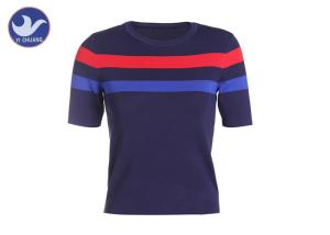 Quality Summer Short Sleeve Cable Knit Sweater , Womens Navy Blue Pullover Sweater Crew Neck Stripes Knitwear wholesale