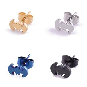 Quality Punk Silver Gold Black Stainless Steel Batman Stud Earrings Cute Brincos Barbell Jewelry For Men Women wholesale