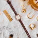 Small Brown Leather Watch Womens Square Fashion Roman Watch Slim Belt