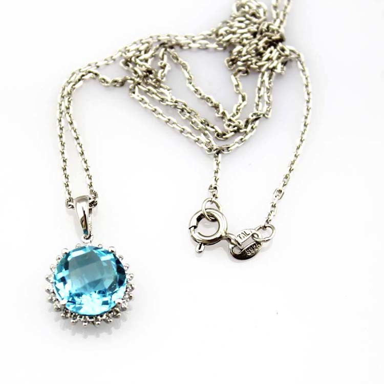 Sterling Silver Cable Chain 10mm Blue Topaz Cubic Zircon Pendant Necklace (PSJ036)
