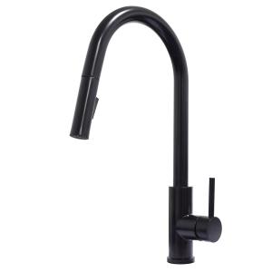 Quality Lead free Matte black long neck kitchen faucet single handle black kitchen faucet with pull out sprayer wholesale