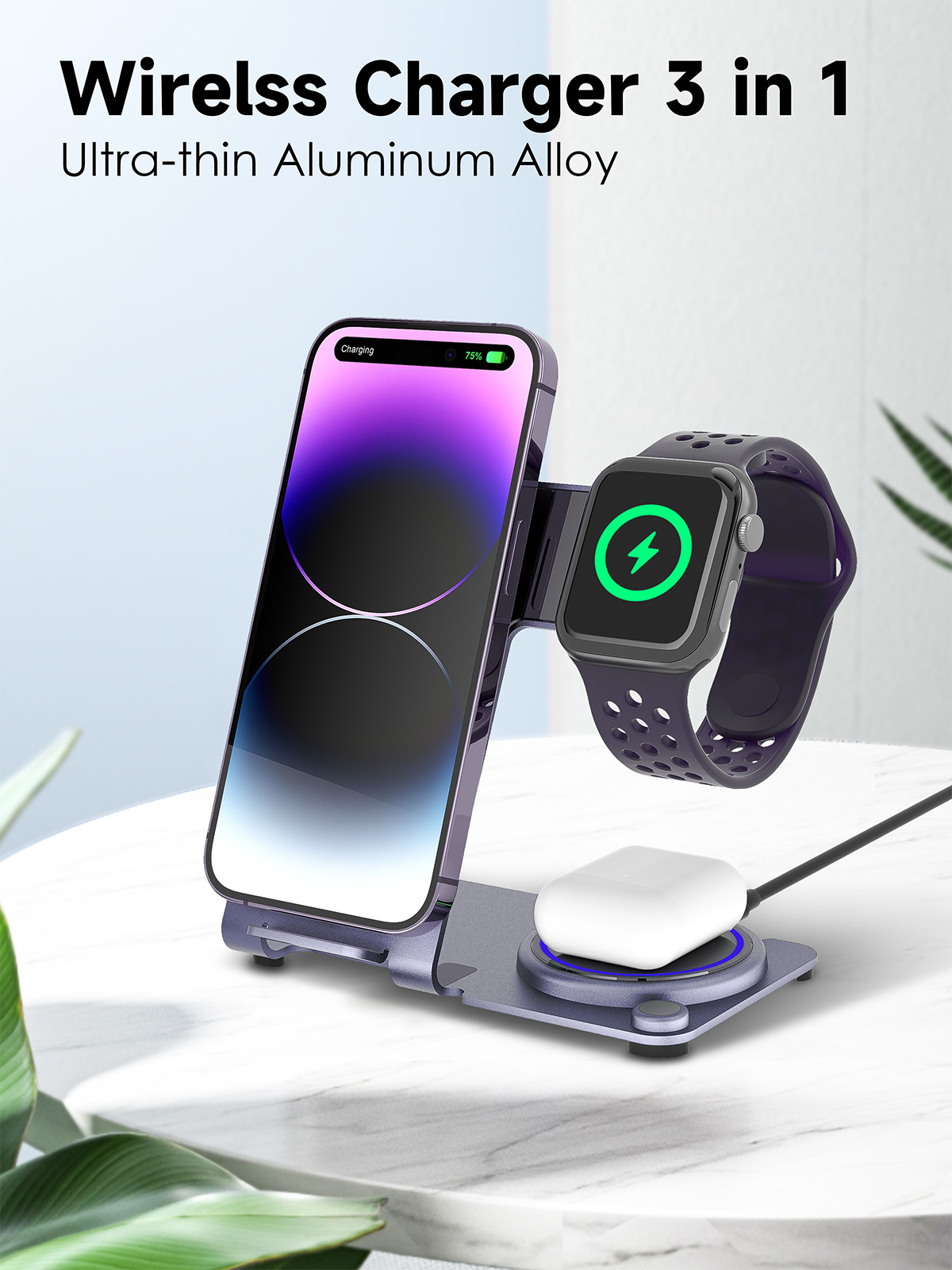 Stylish Wireless 3 In 1 Charging Stand With Aluminum Alloy Material
