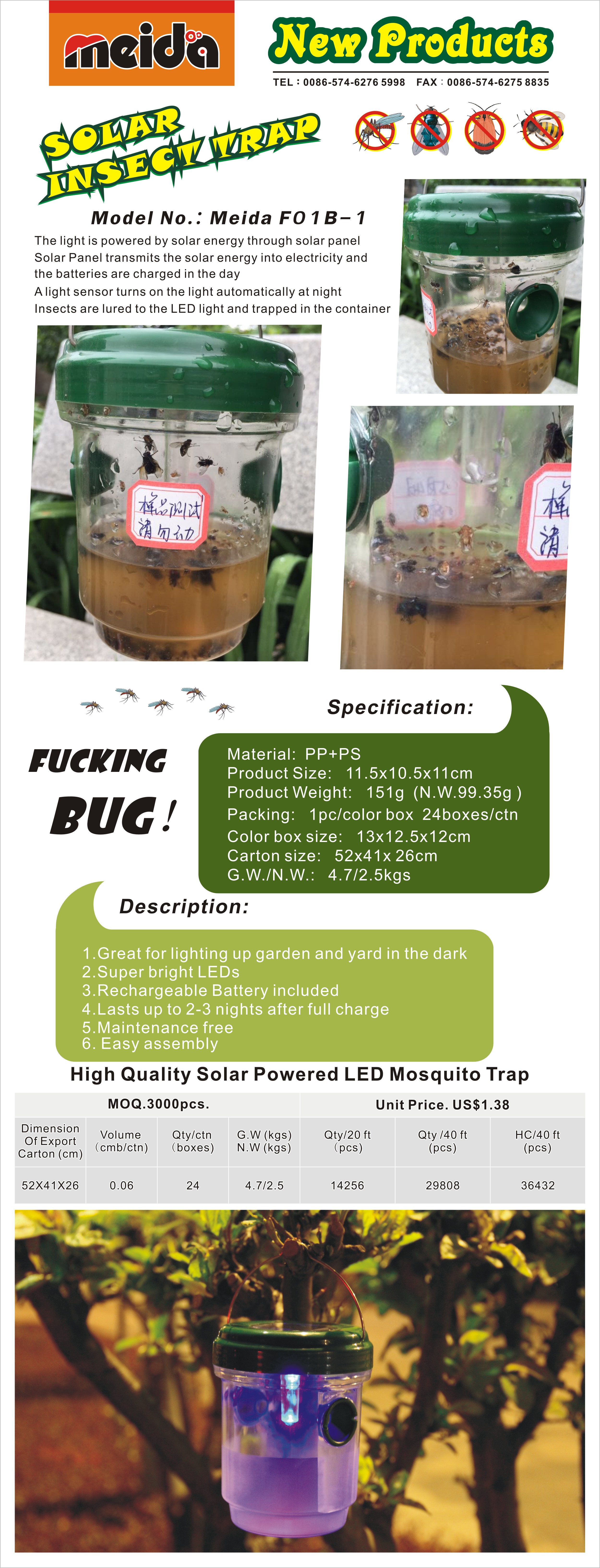 Environmentally-Friendly Outdoor Solar Energy Hanging Wasp Trap for Fruit and Fly Control