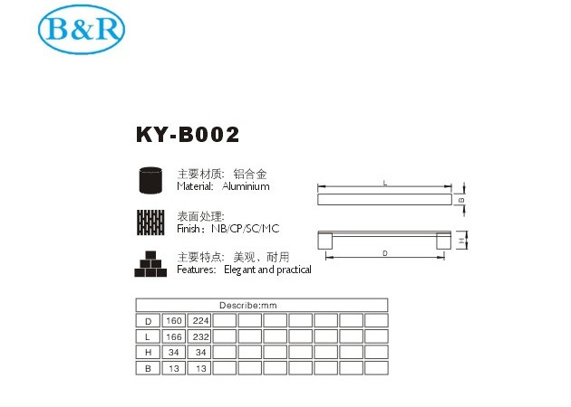 B02 Furniture Fittings Aluminum Alloy Handles Nickel Brushed Hole Distance 160mm