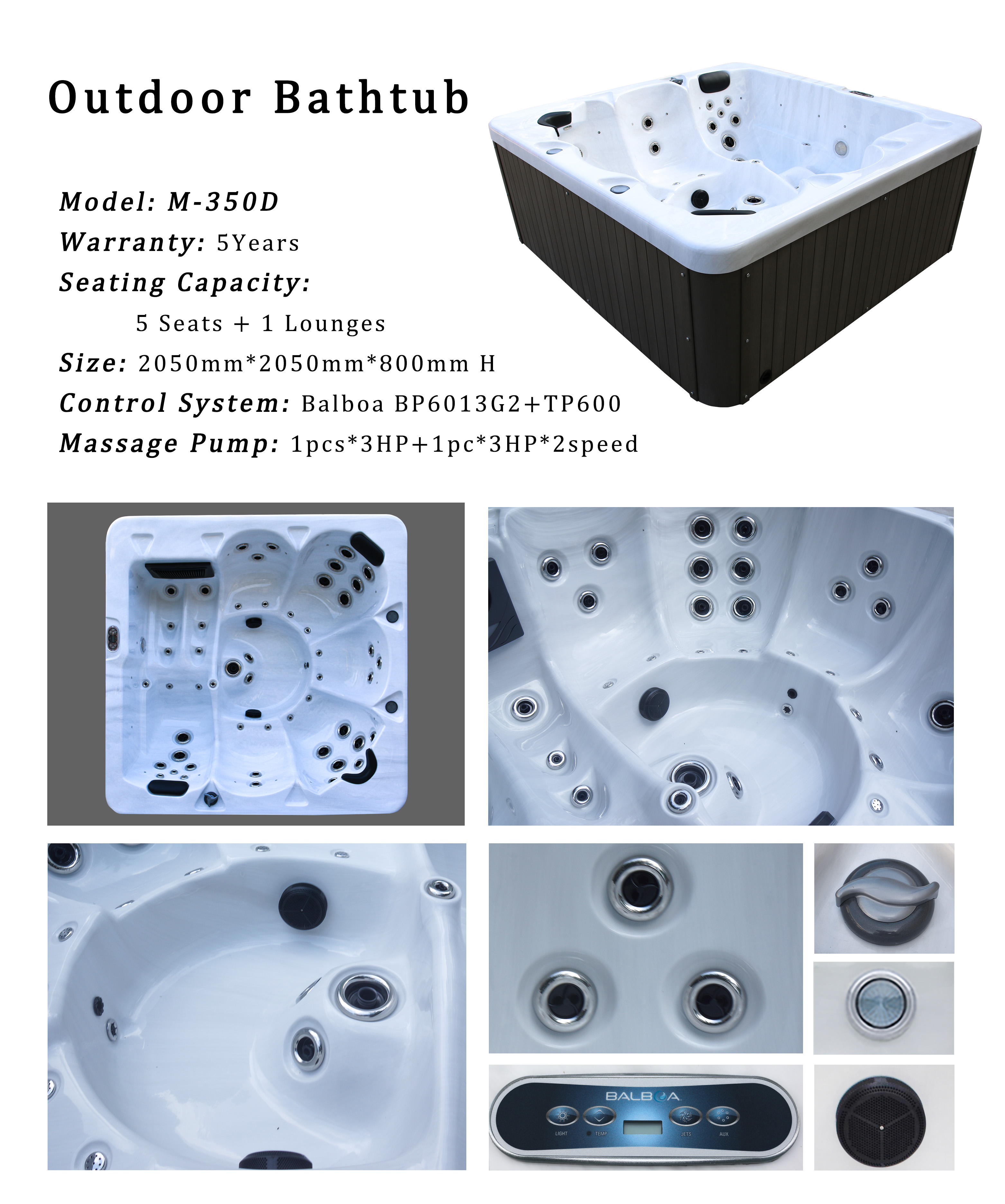 6 Persons Acrylic Massage Bathtub 2m Outdoor Whirlpool Hot Tubs