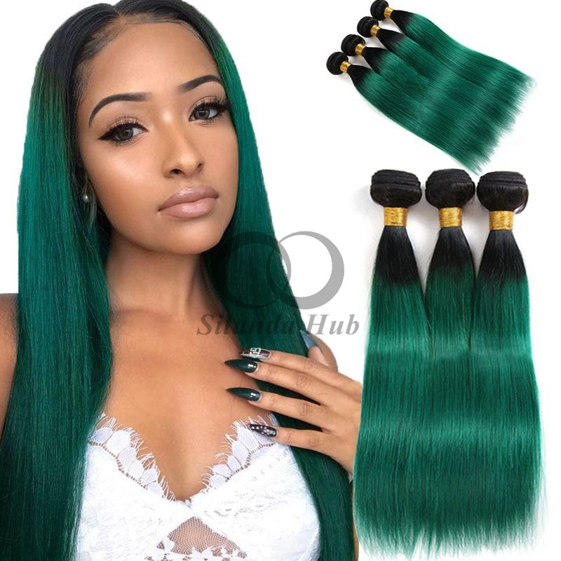 #T1B/Green Straight Remy Human Hair Bundles Sew In Weave Bundles Brazilian Bundle Deals