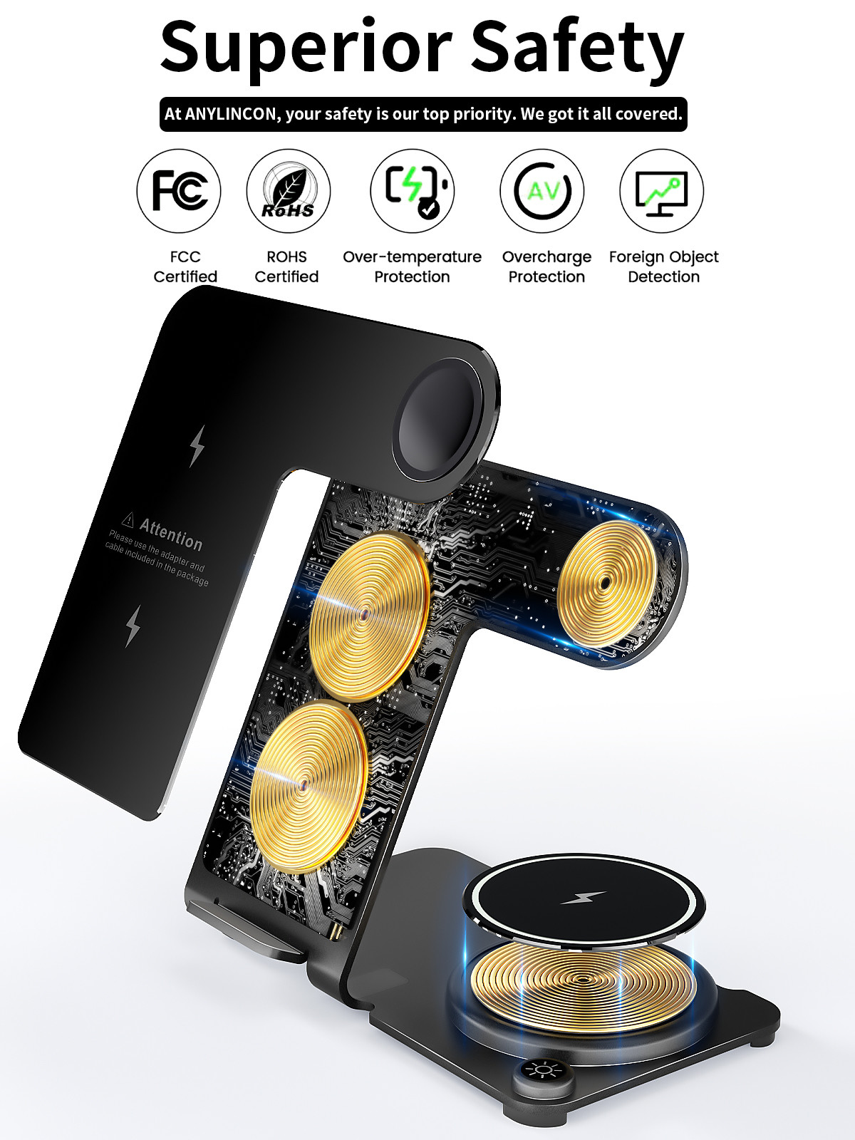 Stylish 3 In 1 Aluminum Alloy Wireless Charging Stand with High Charging Effeciency