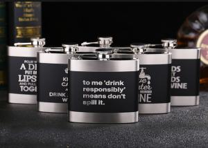 Quality Black Kitchen Household Items 6oz Flat Stainless Steel Hip Flask Laser Lettering wholesale