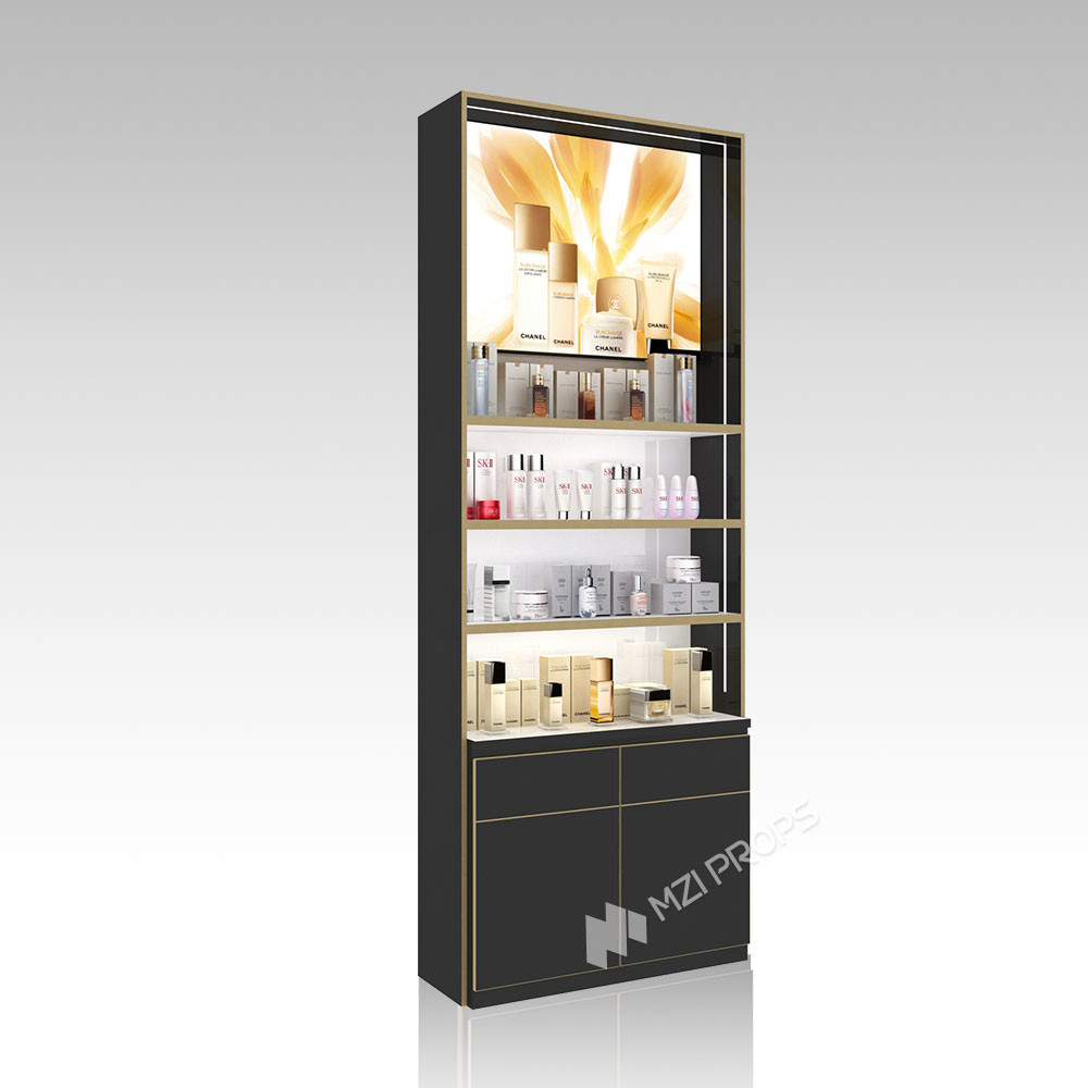 DYaS-VK-3 Skincare Display Cabinet with 40mm Acrylic Lightbox and Gold Edging