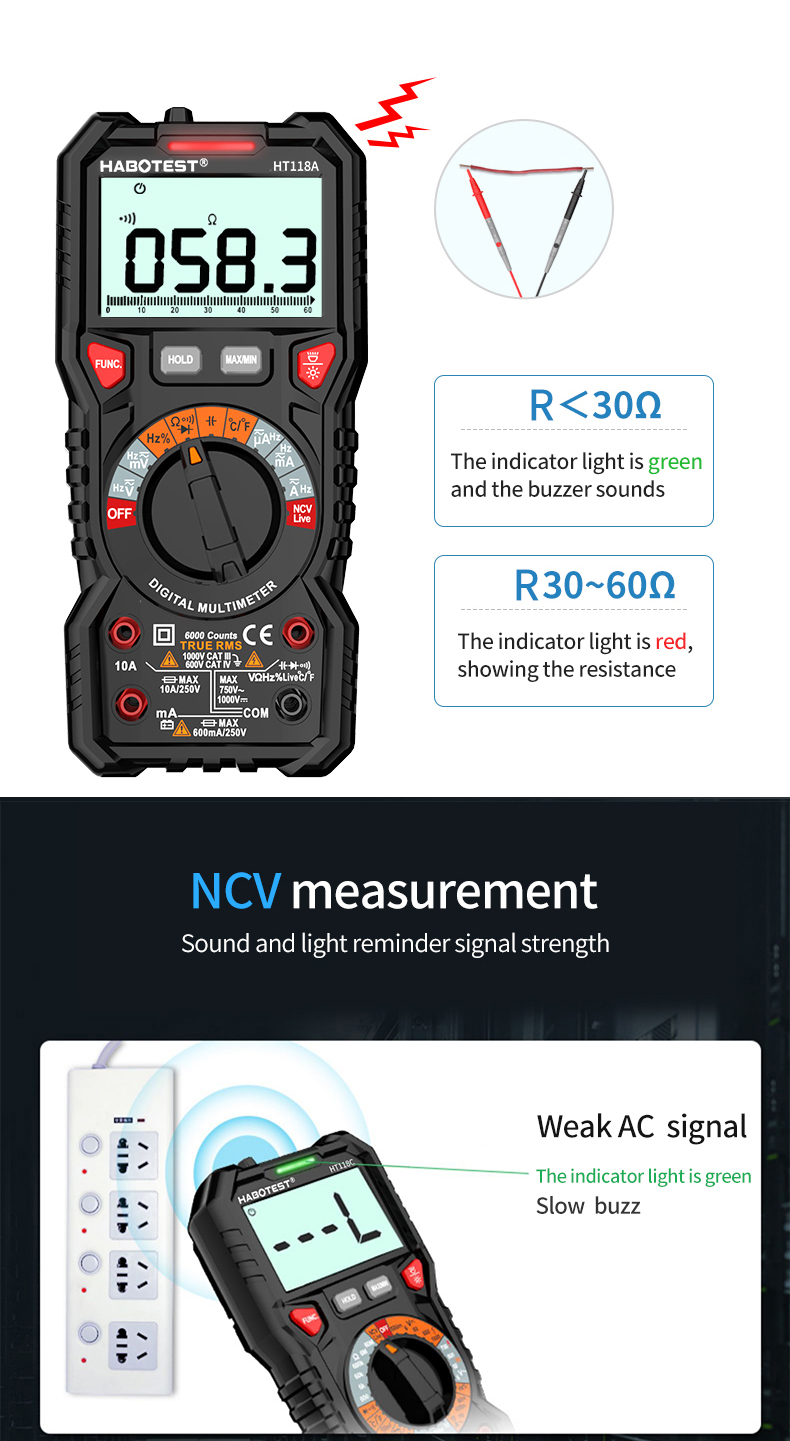 HT118A 6000 Counts 1000V 10A Auto Range Digital Multimeter