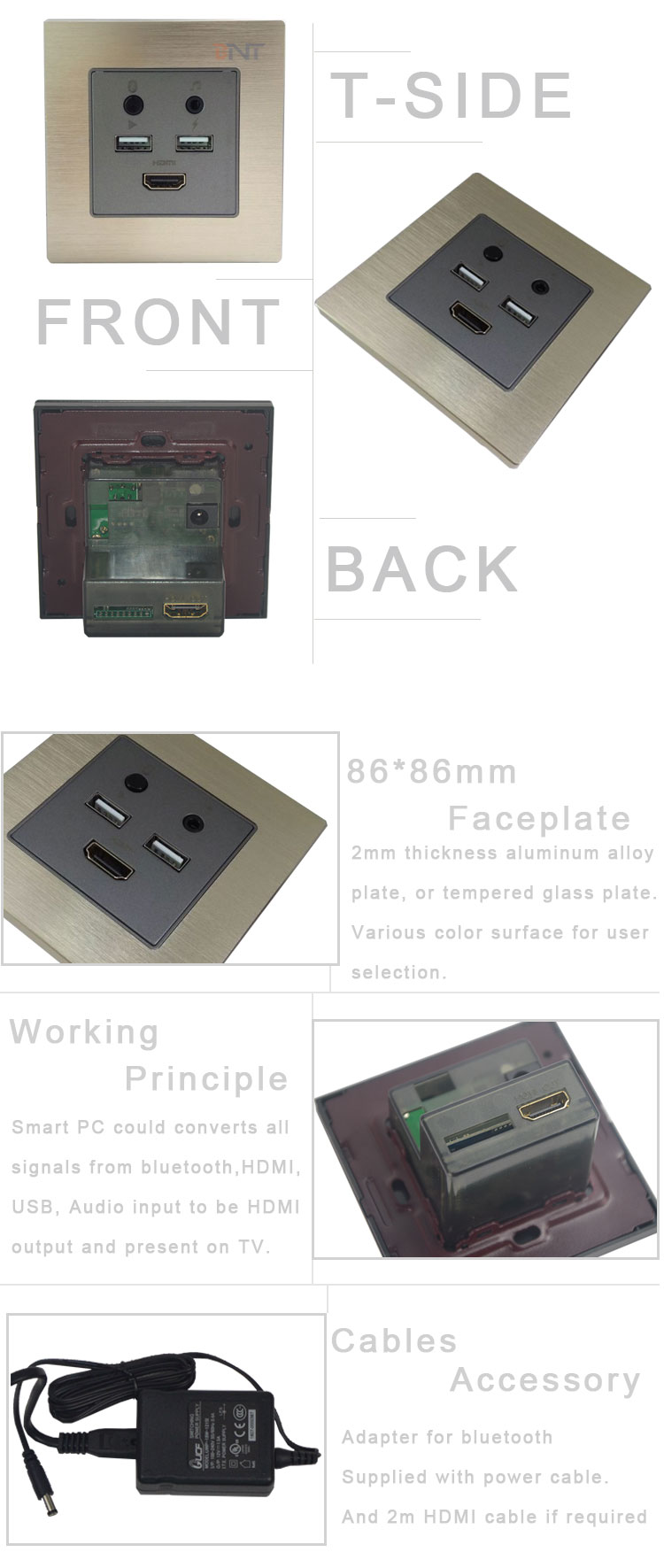 BNT Multimedia Wall Smart Socket Panel / Hotel Room Media Hub for 5-Star Hotel