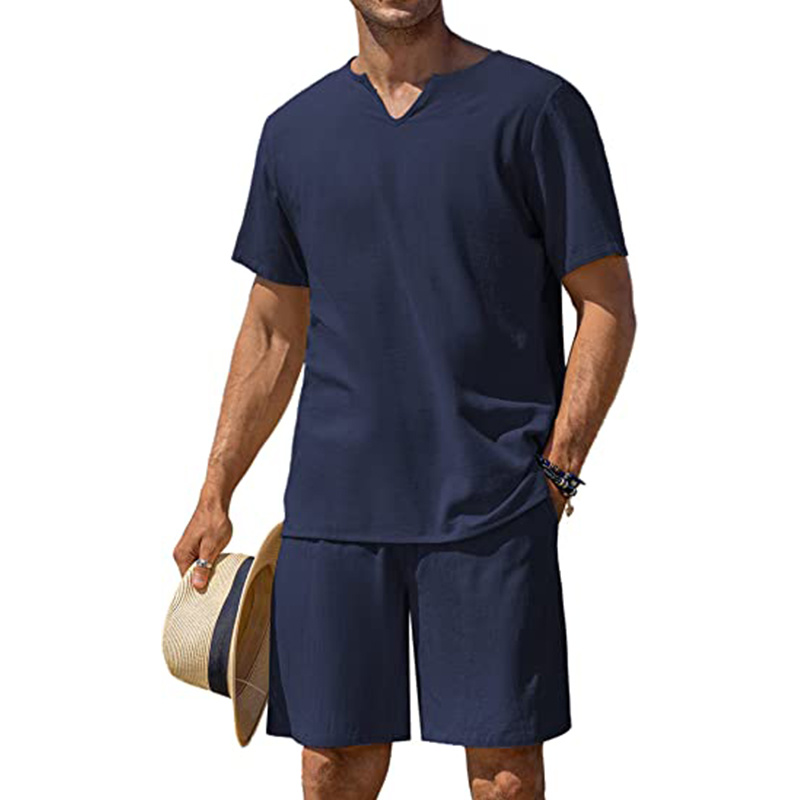 Customised Logo Men&prime;s 2 Pieces Cotton Linen Set Henley Shirt Short Sleeve and Casual Beach Shorts Summer Yoga Outfits