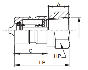 Dimensional drawing of CB-SPM-10F ISO 7241-A stainless steel female socket, showing detailed measurements and port configurations.