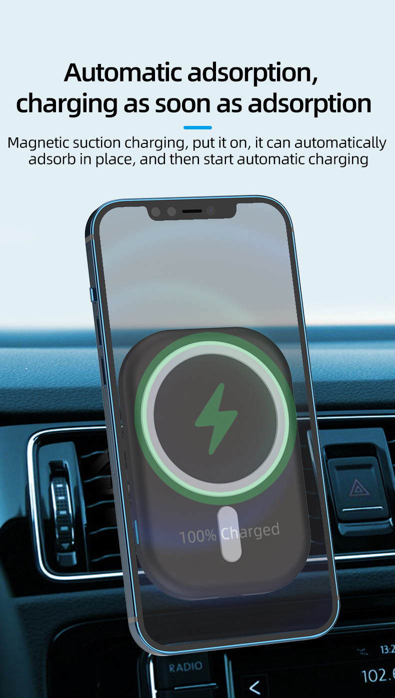 15W Magnetic Wireless Car Charger Air Vent Mounting with ABS Silicone Gel Material