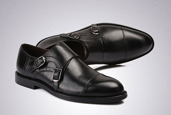Black Mens Monk Strap Shoes , Goodyear Leather Shoes With Buckle