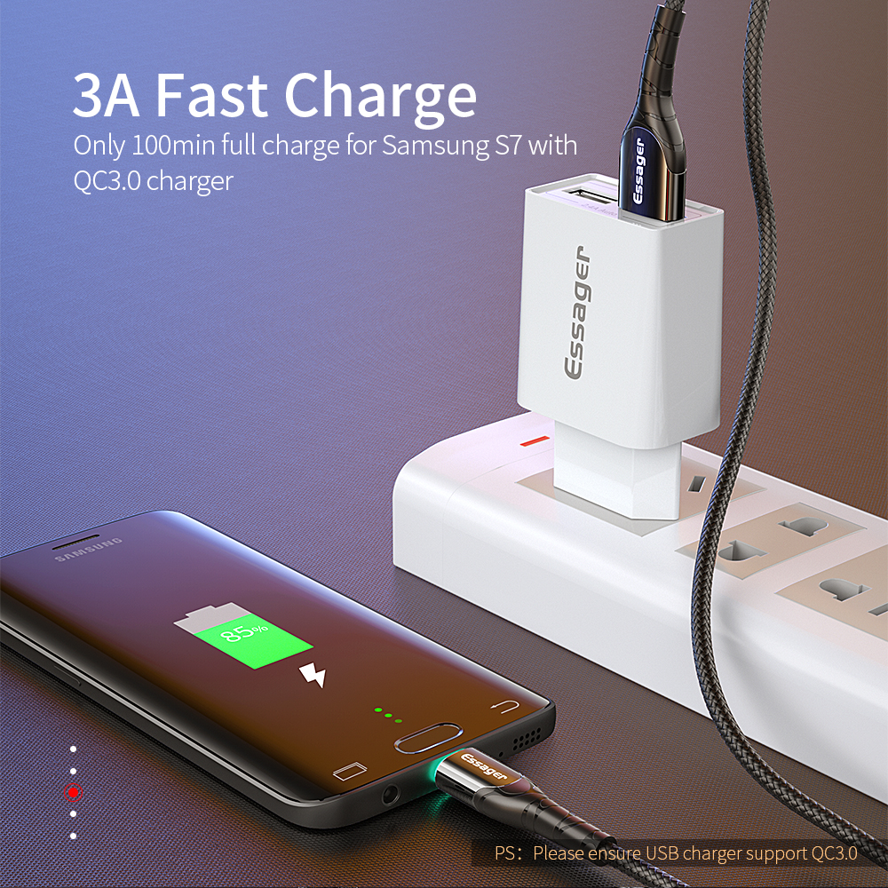 Essager LED Fast Micro Data Cable 3A 0.5M 1M 2M 3M With Data Transfer