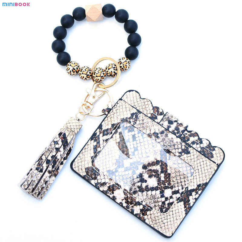 Leopard Keychain Wallet With Wristlet Bangle Bracelet Silicone Beads Bracelet PU Logo