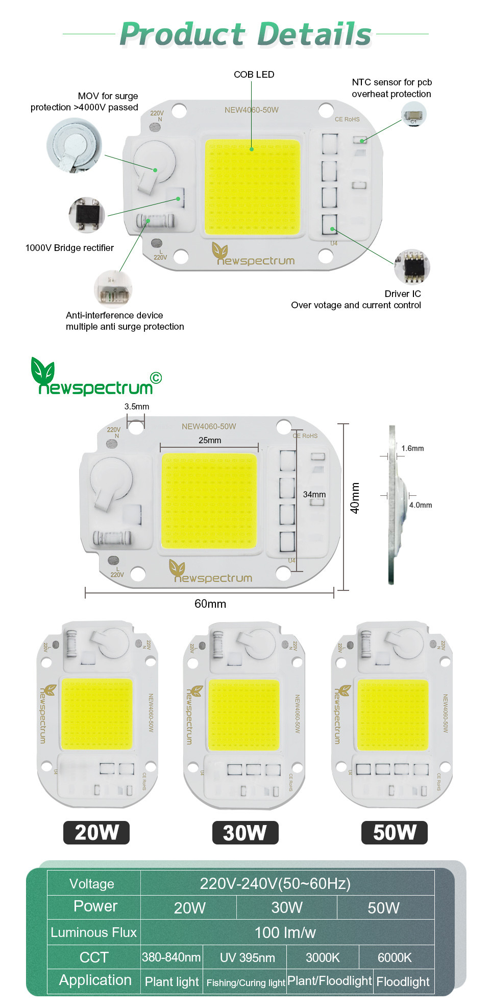 20W 30W UV LED Module AC COB Driveless For Outdoor Spotlight