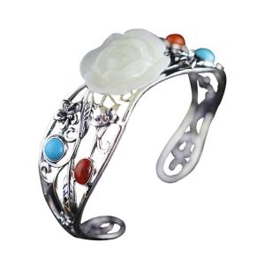 Quality Women 925 Sterling Silver Sculptured White Jade Cuff Bracelet(059489) wholesale