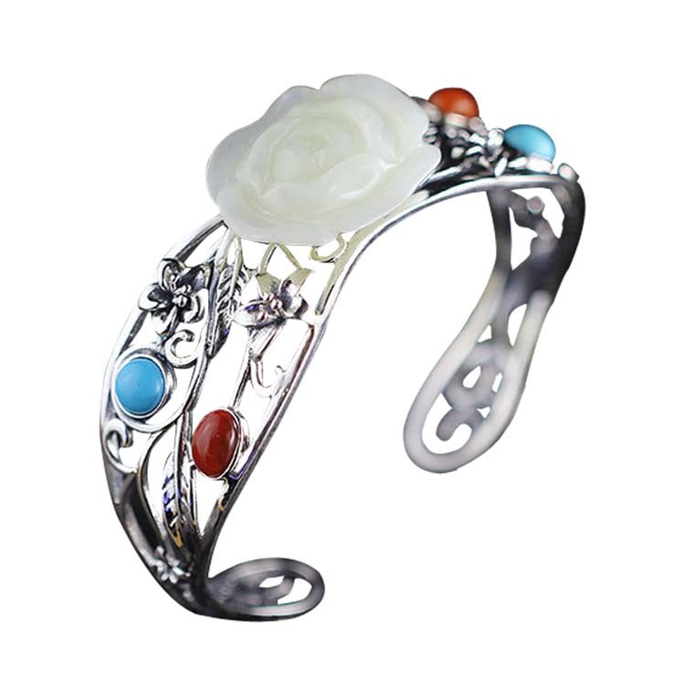 Women 925 Sterling Silver Sculptured White Jade Cuff Bracelet(059489)