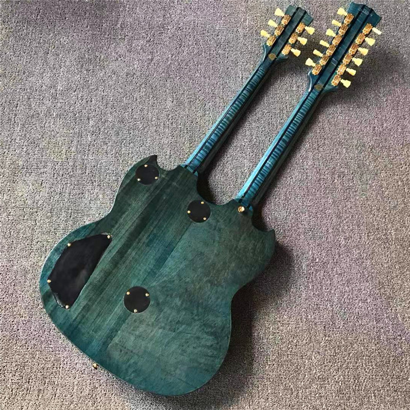 Top brand two head blue electric guitar with double neck and shell inlays