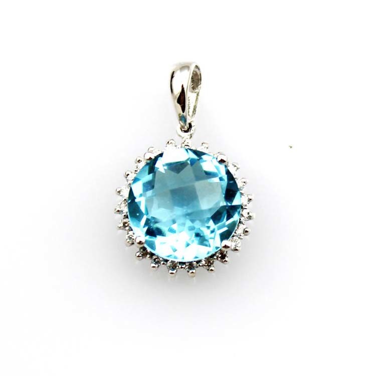 Sterling Silver Cable Chain 10mm Blue Topaz Cubic Zircon Pendant Necklace (PSJ036)