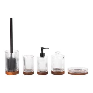 Quality 5pcs Glass Bathroom Accessories Set Clear With Wood Base Round Shape Ribbed Vertical Stripe wholesale