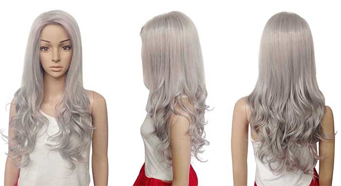Sliver White Color Long Synthetic Fiber Wigs Natural Curly Without Bangs