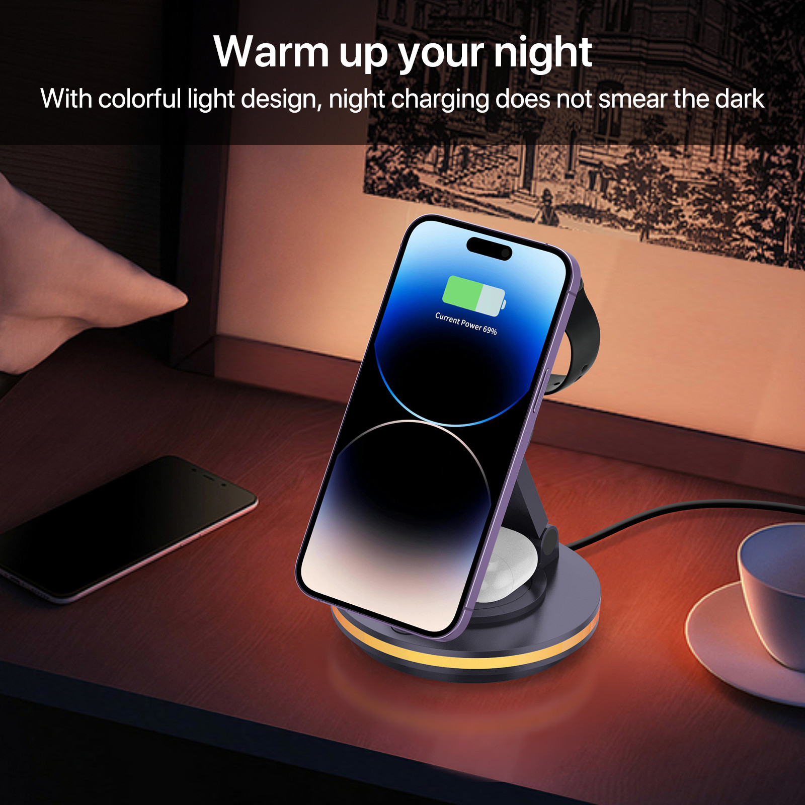 ABS Acrylic Material Foldable Wireless Charger with LED Light and TYPE-C Input