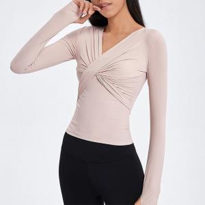Quality Cross Folded Ladies Yoga Tops Long Sleeve V Neck Sports Shirts With Thumb Hole wholesale