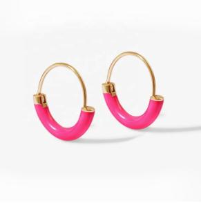 Quality 925 Sterling Silver EARRINGS 18MM Dia Hoops with Hot Pink Enamel and 18K Gold Plating wholesale