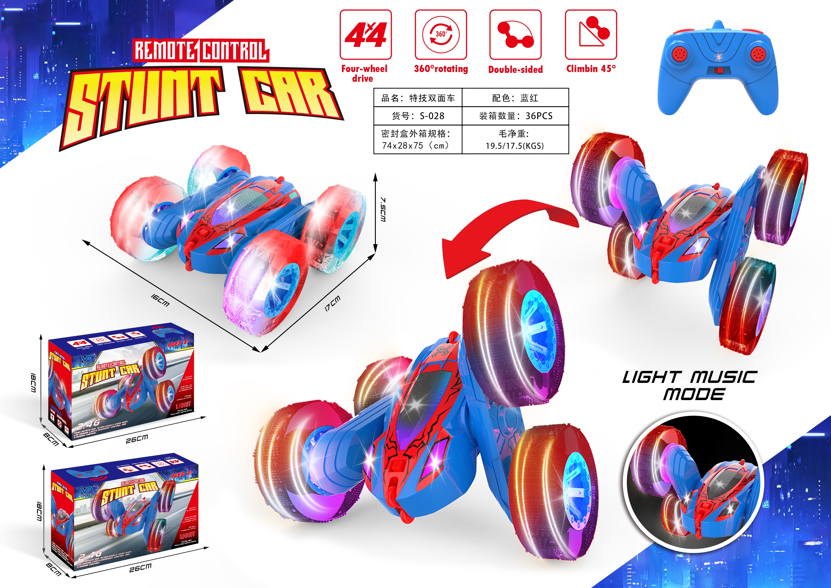 State of Assembly Ready-to-Go High Speed Remote Control Tumbling Stunt Car with Double Side Color Design