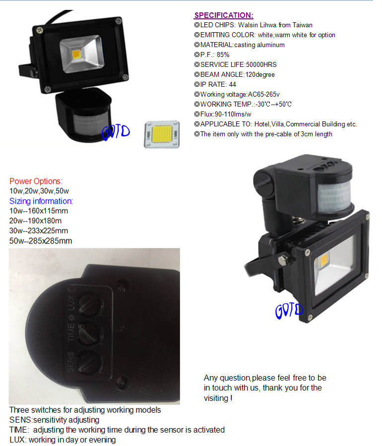 10W LED Warm white PIR Spot Light Security Garden LED Floodlight Waterproof