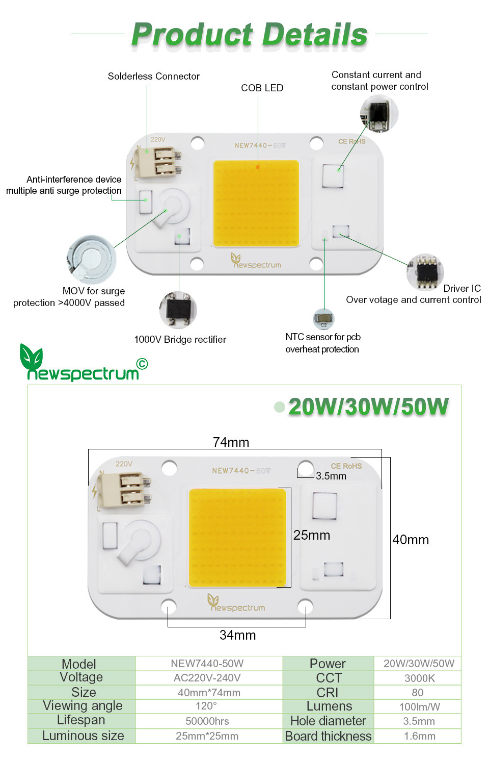 20W 30W 50W Cob AC LED Module 3000k Great Heat Dissipation Environmentally Friendly