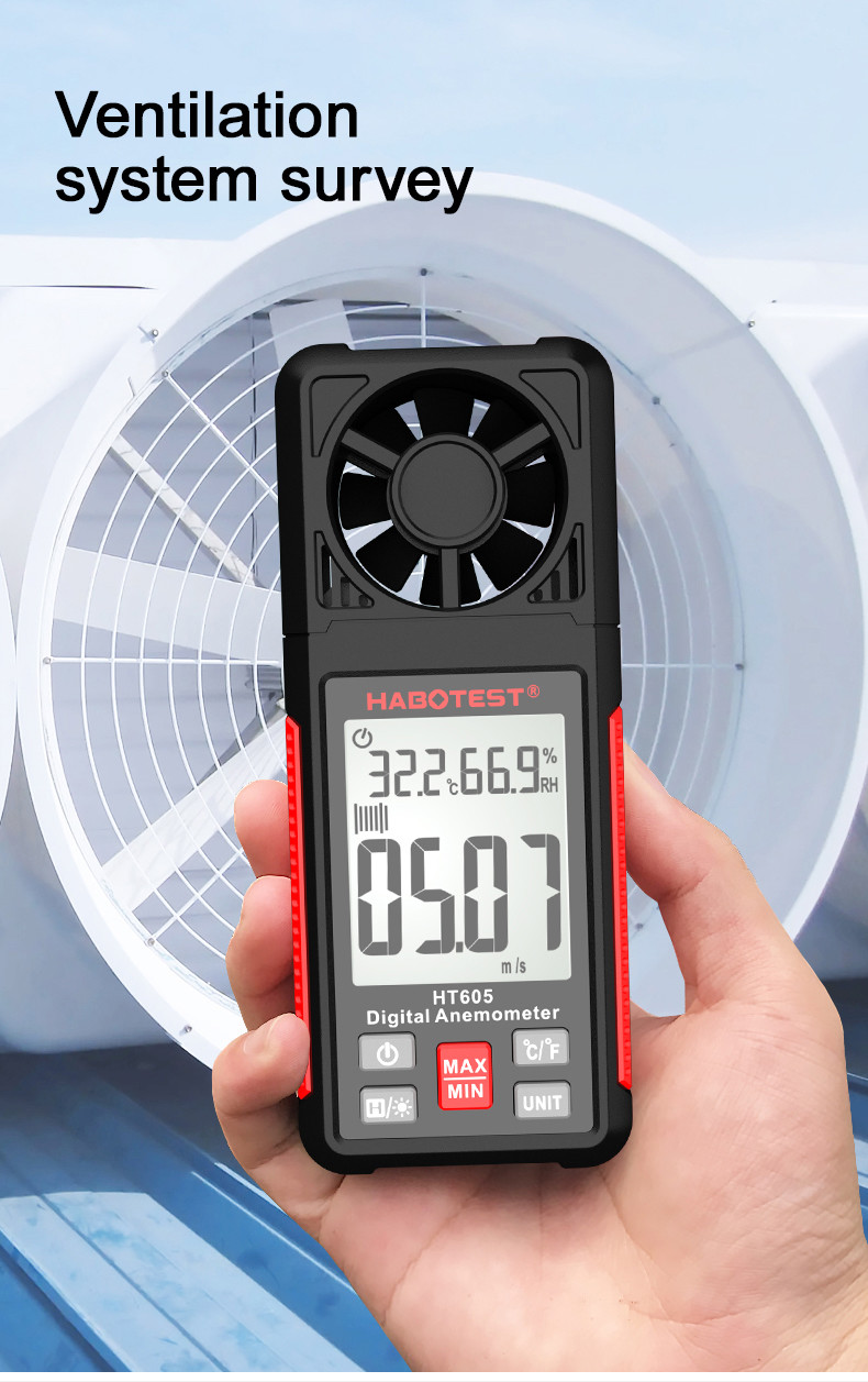 Data Hold Function HT605 Portable Digital Anemometer with Air Velocity Range 0.7-30m/s and Temperature Humidity Meter