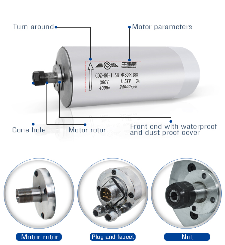 400HZ Frequency 1.5kw Water Cooled Spindle Motor for CNC Milling Machine 65mm Diameter