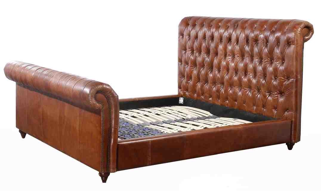 Button Back Tufted Leather Bed Genuine Leather Bed For Bedroom