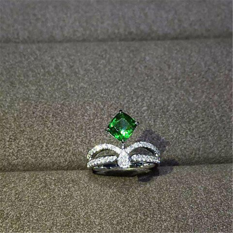 18K Gold Brand Jewelry Platinum Ring brilliant cut diamonds pear shaped cut diamond and one pillow emerald
